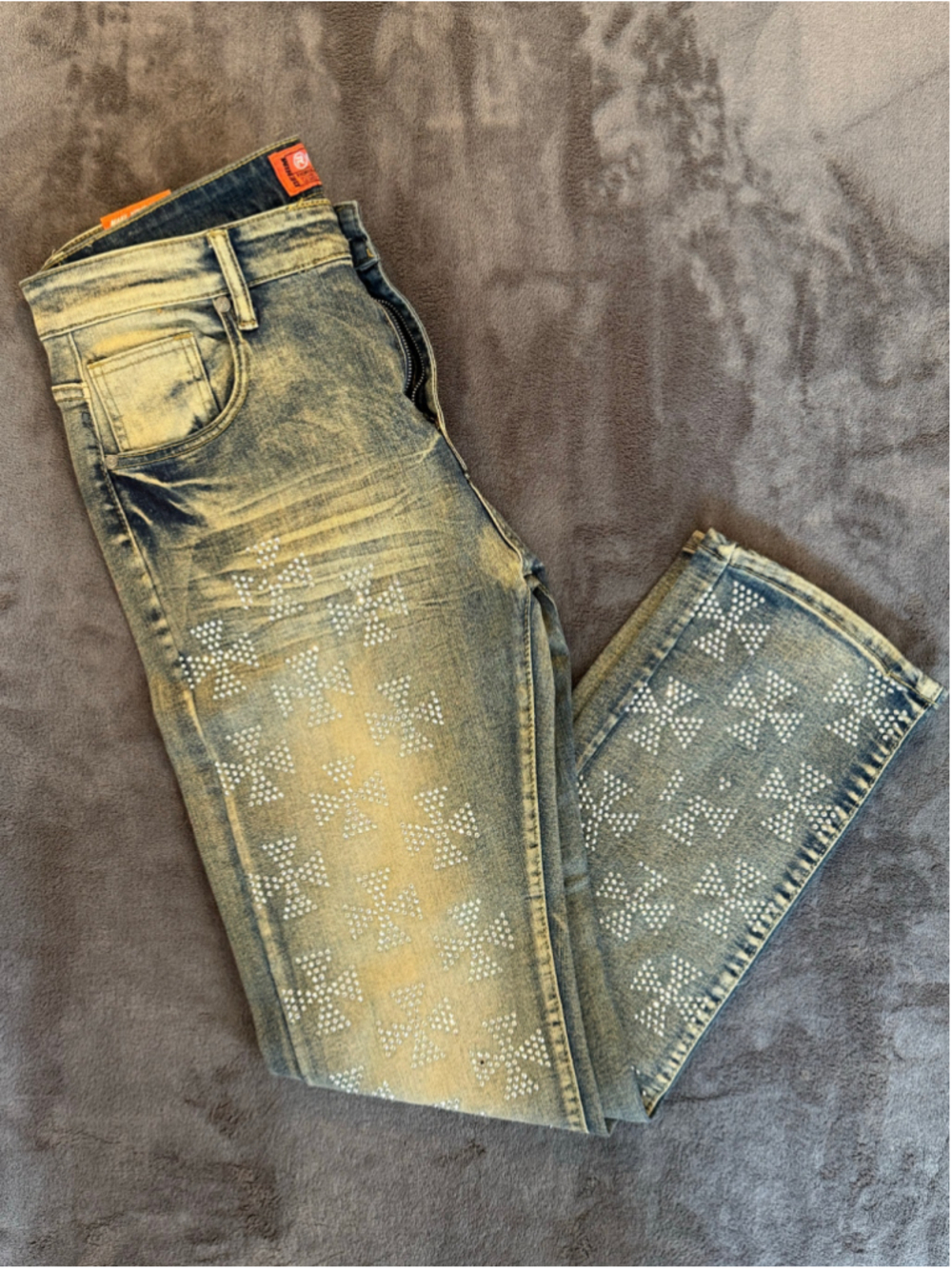 Men's GSTR Straight Jeans Waist 34 Blue Yellow Rhinestone Crosses